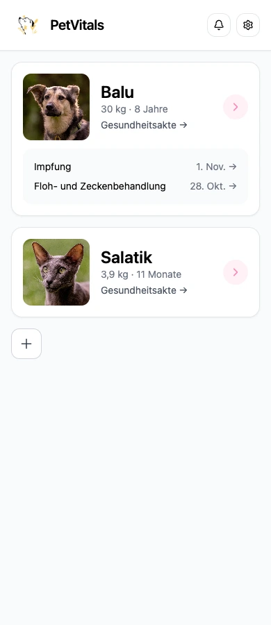 PetVitals-Startseite mit den ursprünglichen Beispieltieren