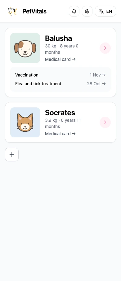 PetVitals home screen with sample pets